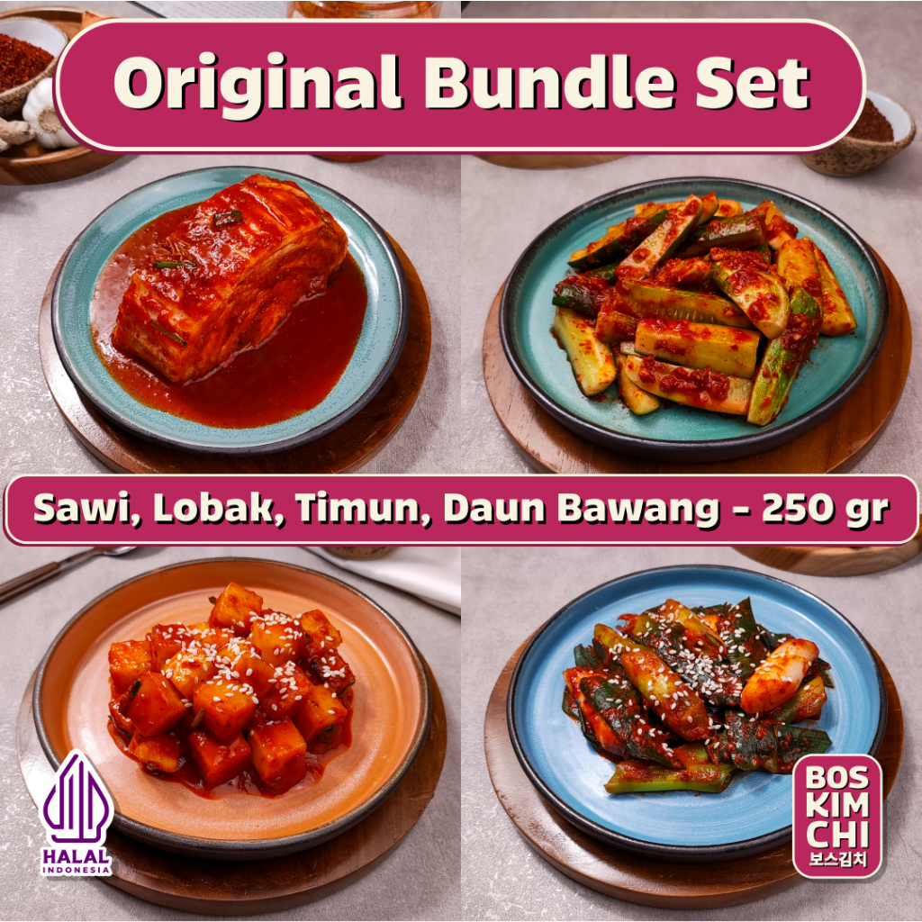 

Original Bundle Set Kimchi | Boskimchi | Kimchi Sawi - Kimchi Lobak, Kimchi Timun, Kimchi Daun Bawang 250 gr