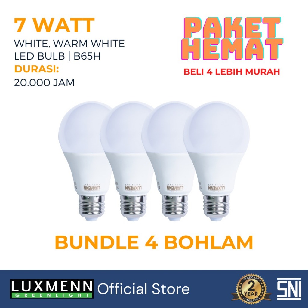 Luxmenn LED Paket Hemat Bohlam, Bundle 4pcs, B65H 7 W Kuning (3000K) Putih (6000K)