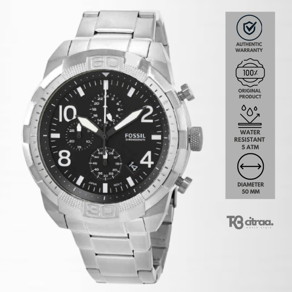 jam tangan fashion pria fossil Bronson analog strap rantai cowok Chronograph stainless steel water resistant sporty silver elegant mewah original FS5710