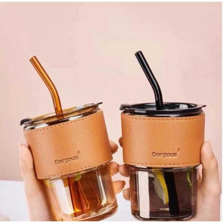 Gelas Tumbler Gelas Estetik Tumbler Minum Gelas Kaca Tutup Sedotan Kaca Mug Lucu Cangkir Kopi
