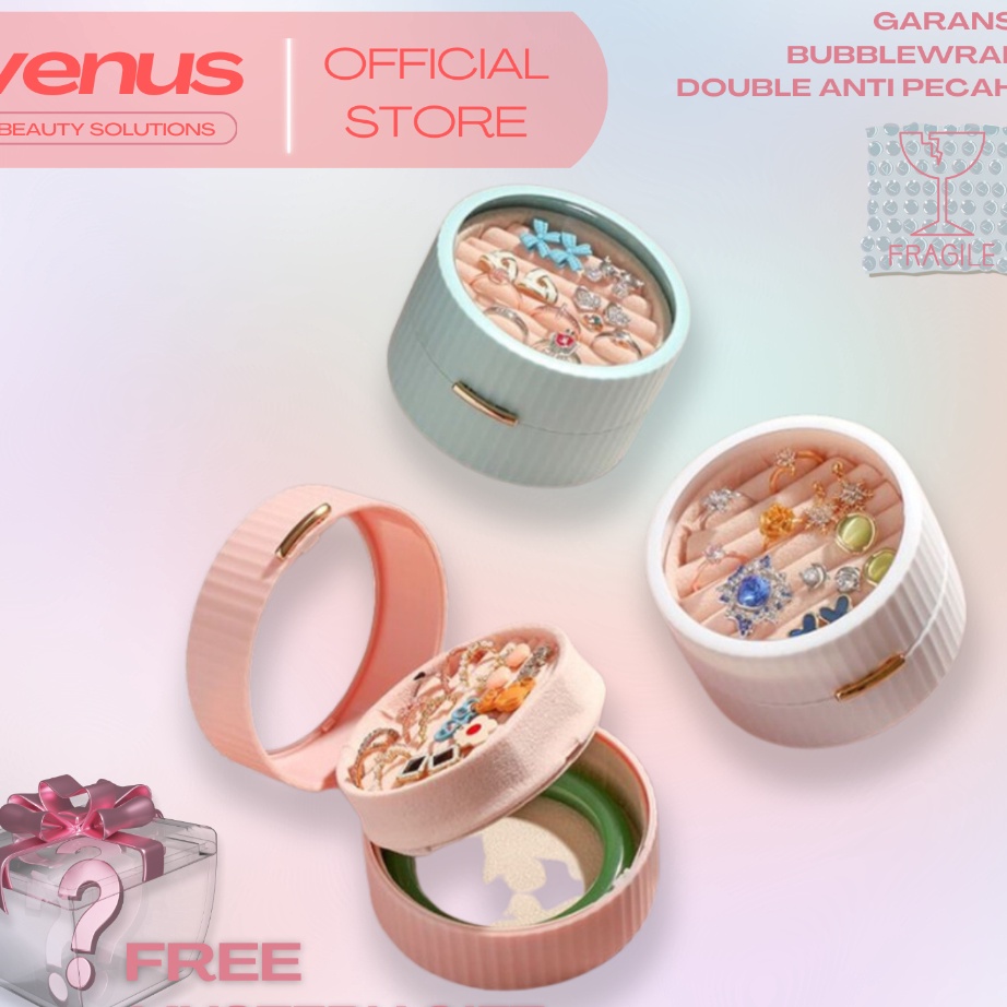 Promo VENUSJKT - Kotak Perhiasan Bulat Mini Travel Jewelry Box Penyimpanan Kalung Gelang Emas Anting