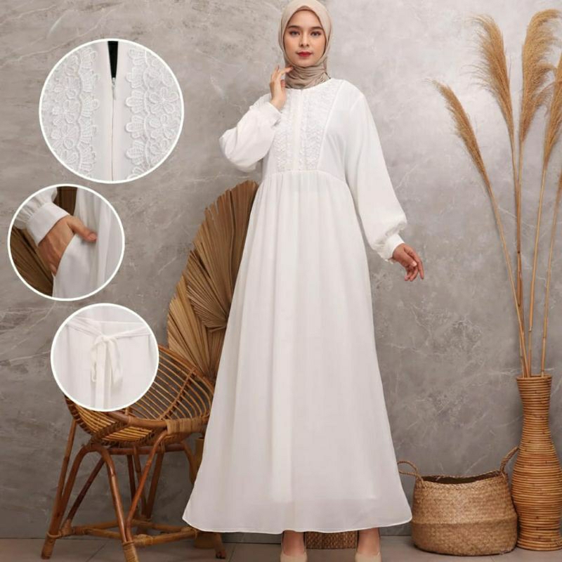 Gamis Putih Jumbo Baju Lebaran Umroh Haji Busana Muslim Hijab Dress Brukat AGNES Wanita