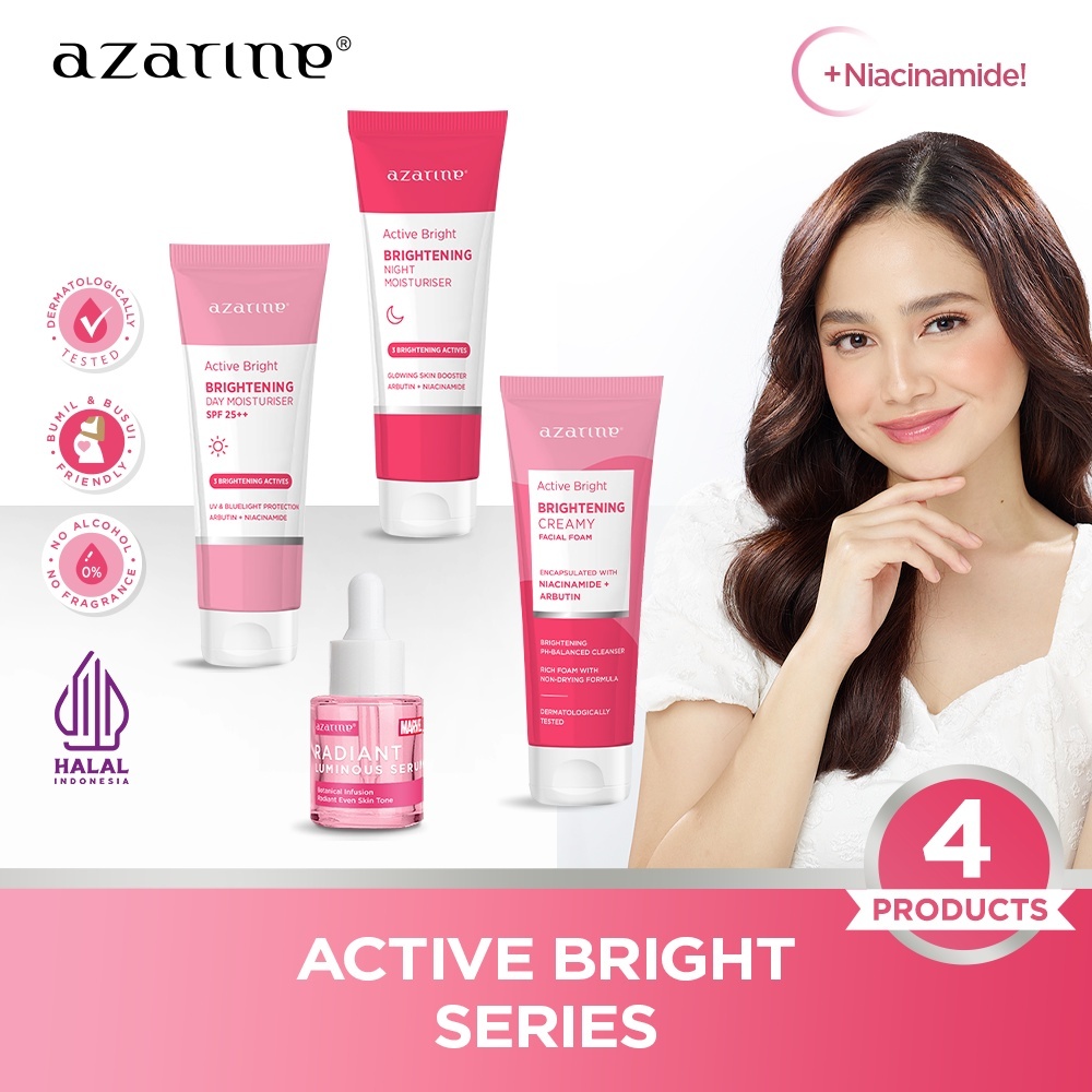 AZARINE Active Bright Series || Brightening Day &amp; Night Moisturiser 20gr || Creamy Facial Foam 50gr || Radiant Luminous Serum
