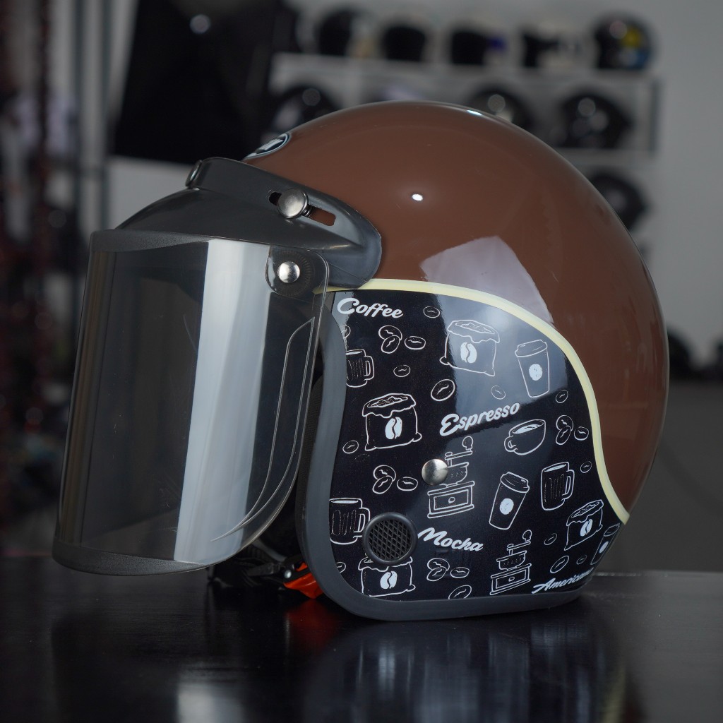 Helm Bogo Retro Coffee Full Leher Pria Wanita Motif Kopi Dewasa SNI