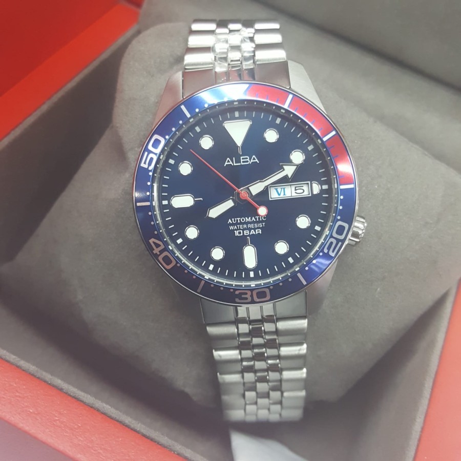 JAM TANGAN PRIA ALBA AL4191X1 AL4191 AUTOAMATIC SILVER RING BLUE RED ORIGINAL