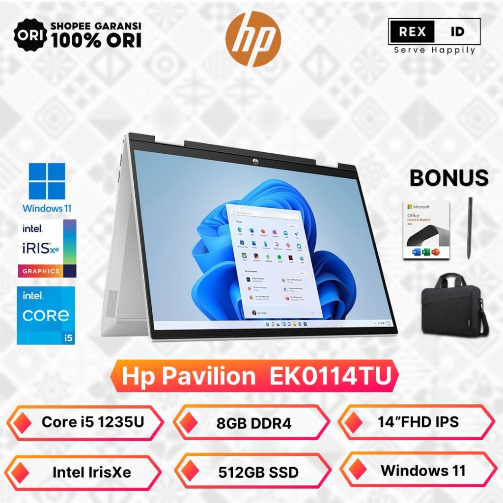 Laptop Hp Pavilion X360 14 EK0114TU Touch Core i5-1235U 8GB 512GB 14"FHD IPS Windows 11 + Office Home Student 2021