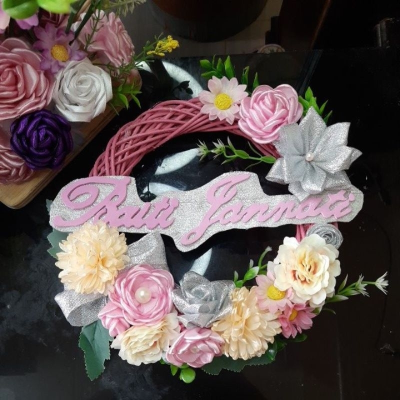 Hiasan Pintu assalamualaikum/hiasan dinding/wreath flower/Hiasan dinding CUSTOM/ring rotan pink