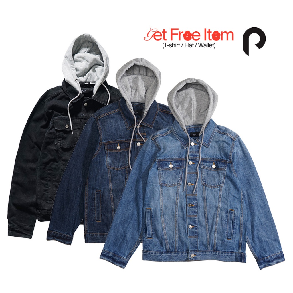 termurah port replay jaket jeans pria denim hoodie type iii 13oz