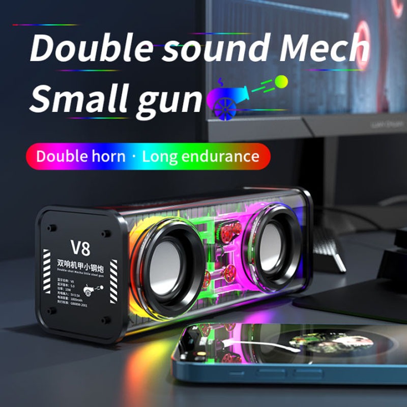 V8 10W Dual-Horn Transparent Mech Speaker Bluetooth Soundbar RGB LED Light 360° Stereo Surround Wireless Subwoofer Audio Sports Outdoor Audio 5.0 Speaker