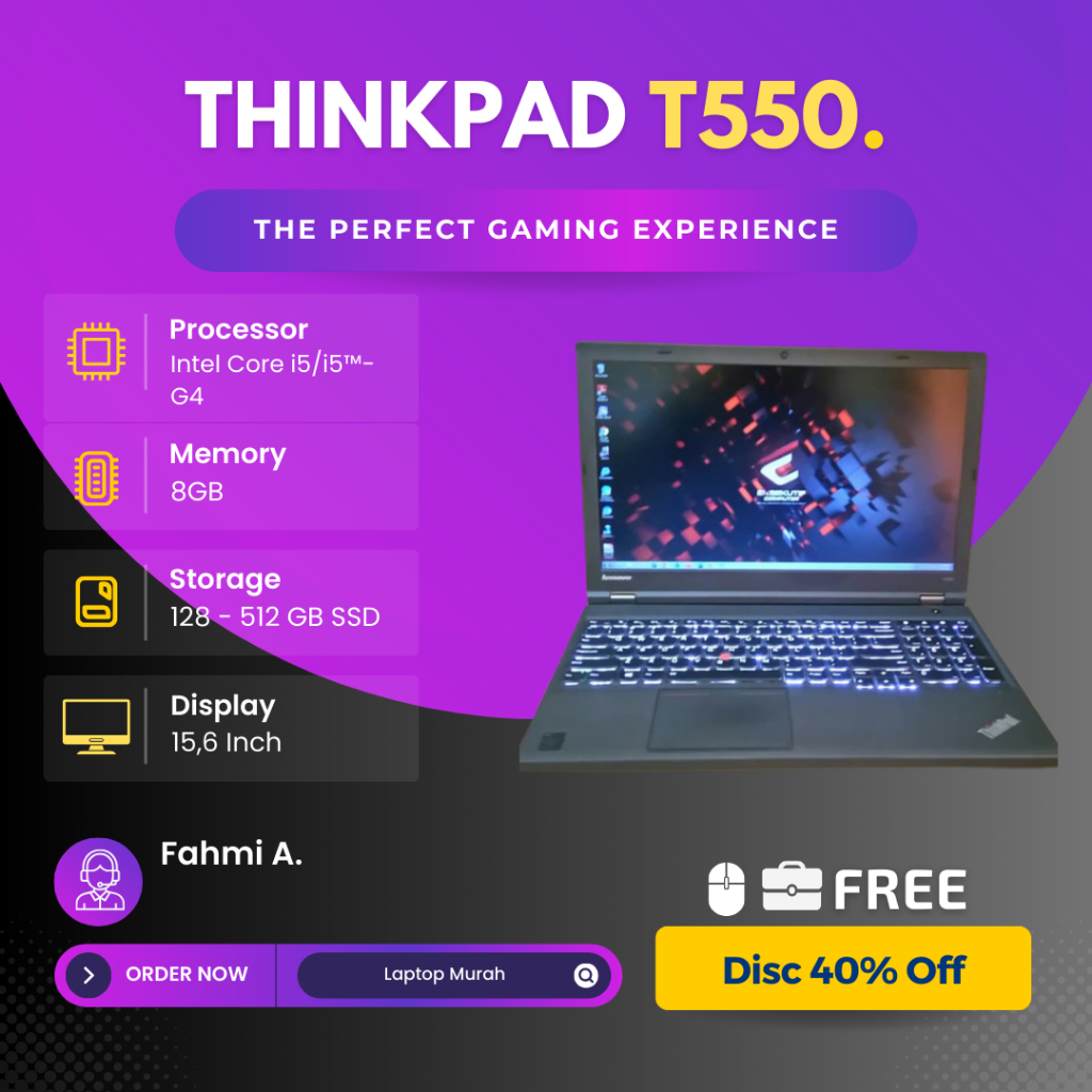 Laptop Lenovo Thinkpad T550 Core i5 Gen 5 Ram 16 Ssd 256 Murah