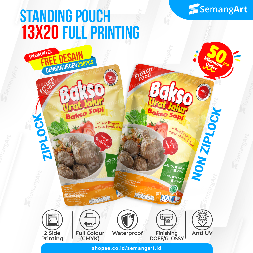 

Cetak Kemasan Standing Pouch Full Printing 13x20cm Aluminium Foil Plastik Klip Ziplock Zipper