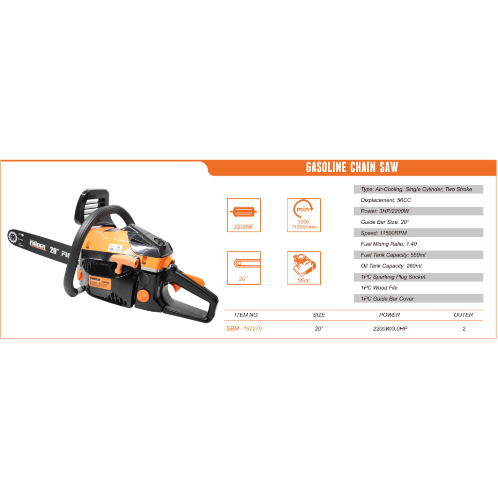 GASOLINE CHAIN SAW (SENSO) 20"/2200W / 3.0HP, FINDER