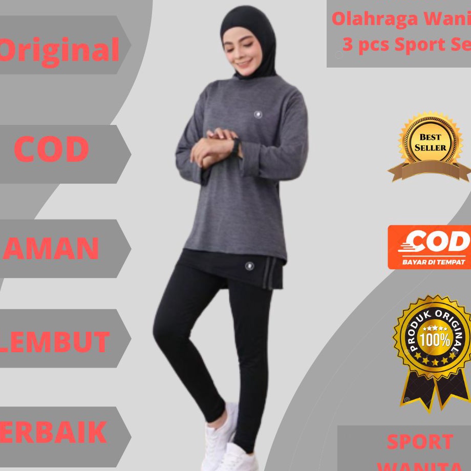 ✢TERMURAH✢ Setelan Set Baju Sport Olahraga Wanita Hijab Muslim Muslimah Kekinian 3 Pcs ( Hijab, Baju