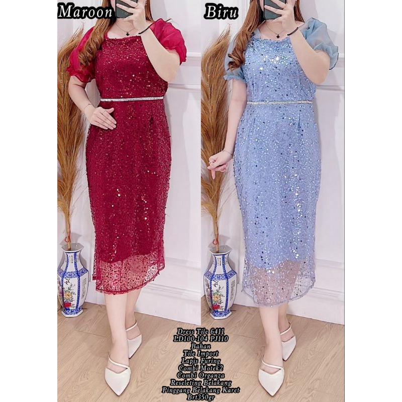 dress brokat tile / dress bordir mewah / dress natal / dress kondangan/ dress pesta