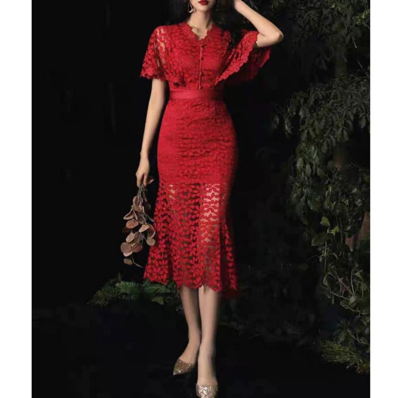 0939 Fashion Midi dress dres lengan pendek brokat brukat renda Lace CNY Imlek natal Chinese New year