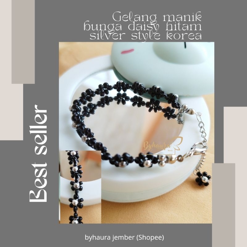 Gelang tangan manik-manik beads bracelet persahabatan bunga Daisy hitam style korea