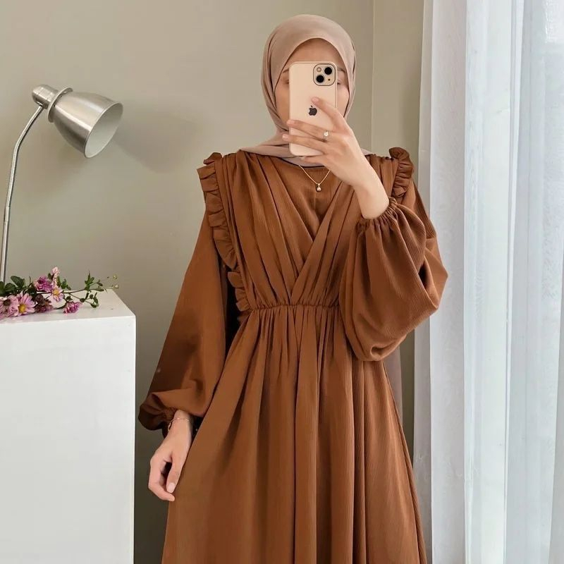 Gamis Rampel Hitam Polos Kekinian Crinkle Airflow Premium Lengan Panjang Putih Remaja Terbaru 2023 W