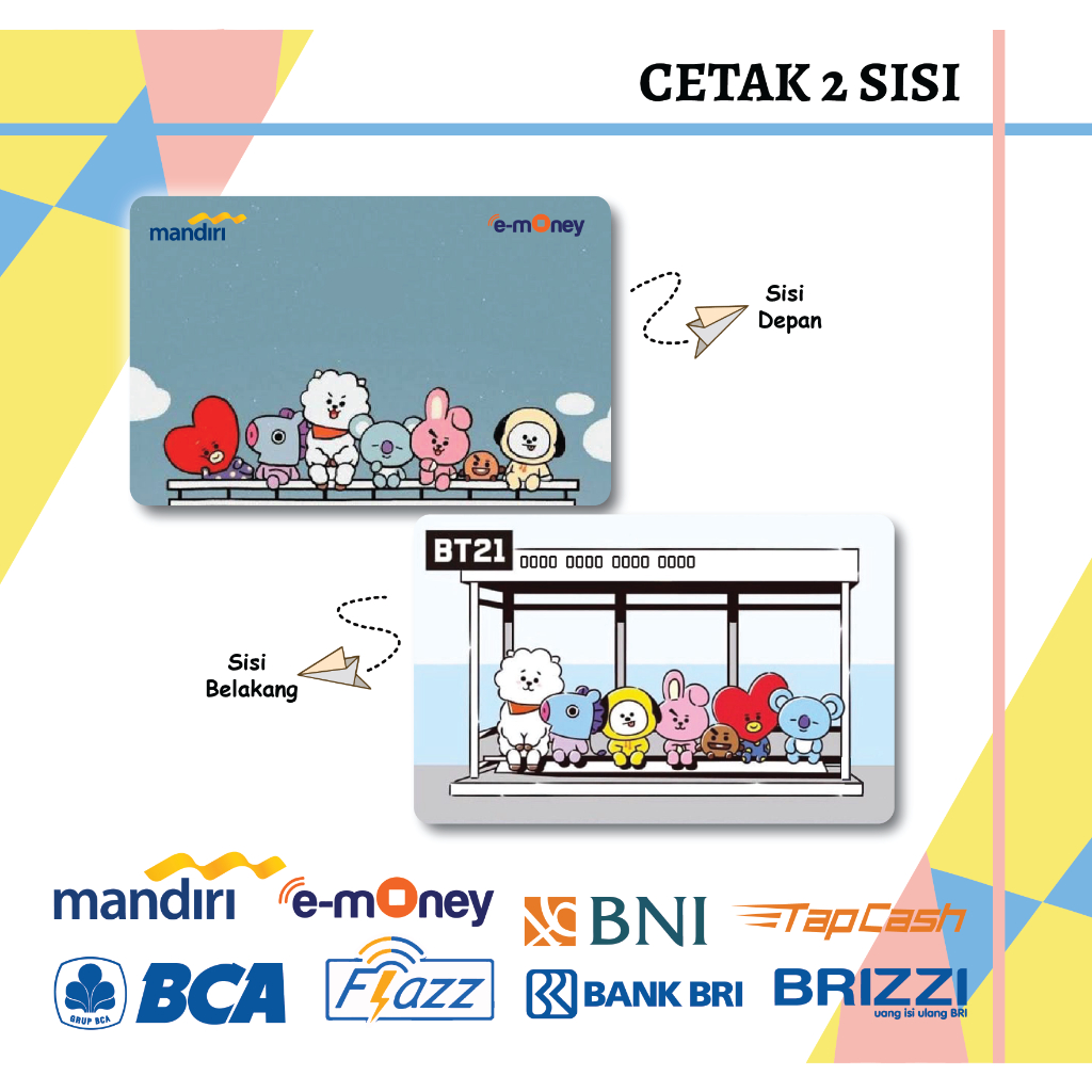 KARTU E MONEY ANIME BT21 COOKY CHIMMY RJ MANDIRI FLAZZ BCA GEN 2 BNI TAPCASH BRIZZI BRI - 2 SISI
