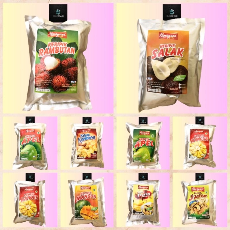 

ANEKA SNACK KERIPIK BUAH NANGKA APEL SALAK MANGGA MELON PISANG NANAS RAMBUTAN RAMAYANA 100 GRAM