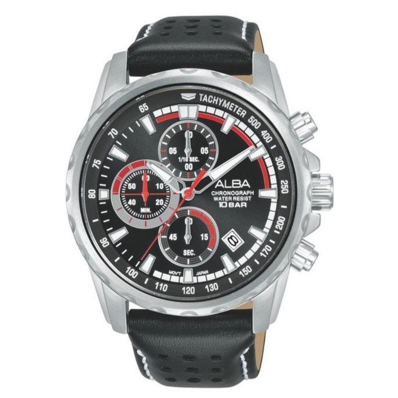 Jam Tangan Pria Alba AM3935 Kulit Asli Hitam Chronograph