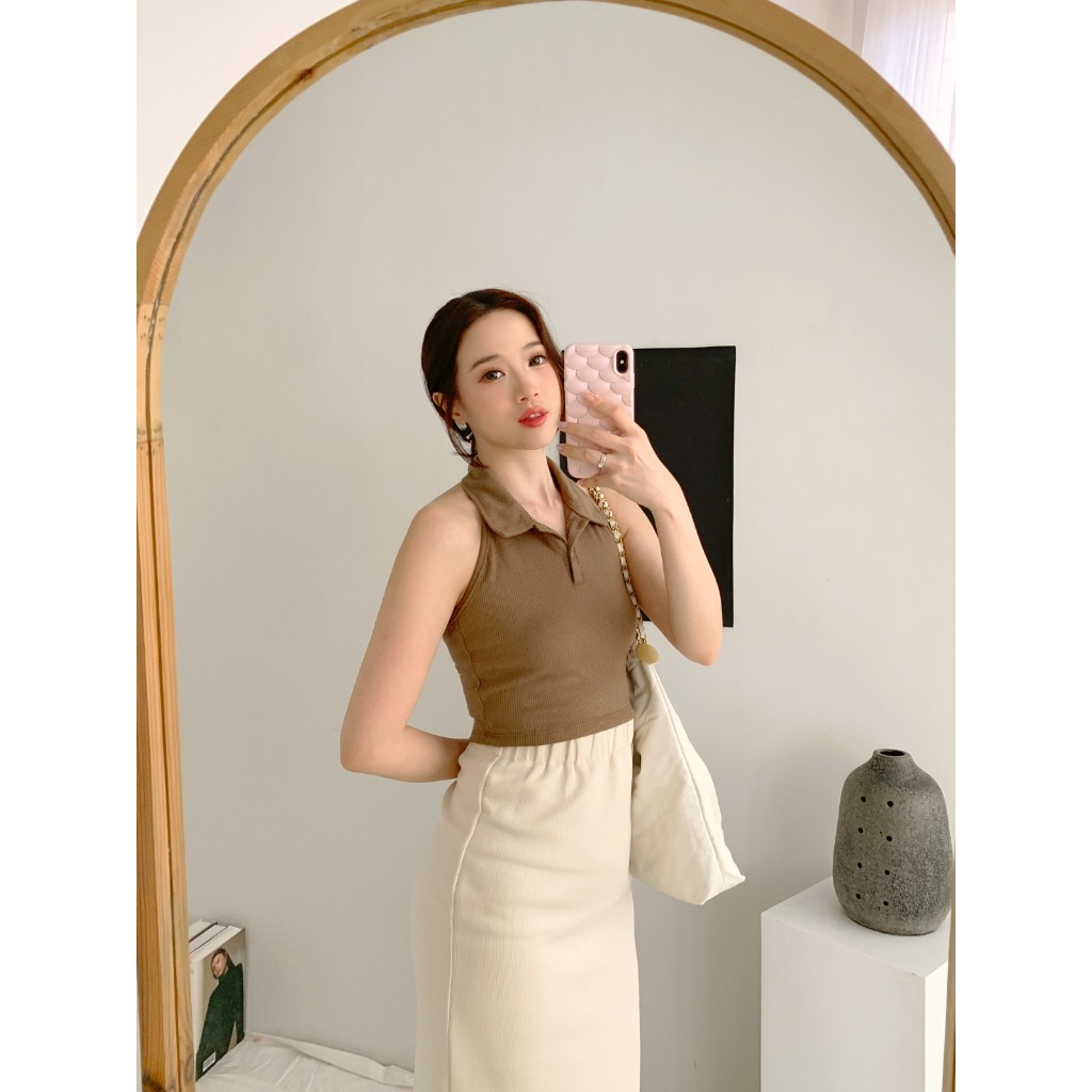 Korean Knit Tank Top Crop Top Kerah Kancing Tengtop Rajut Korea Polo Shirt B1630