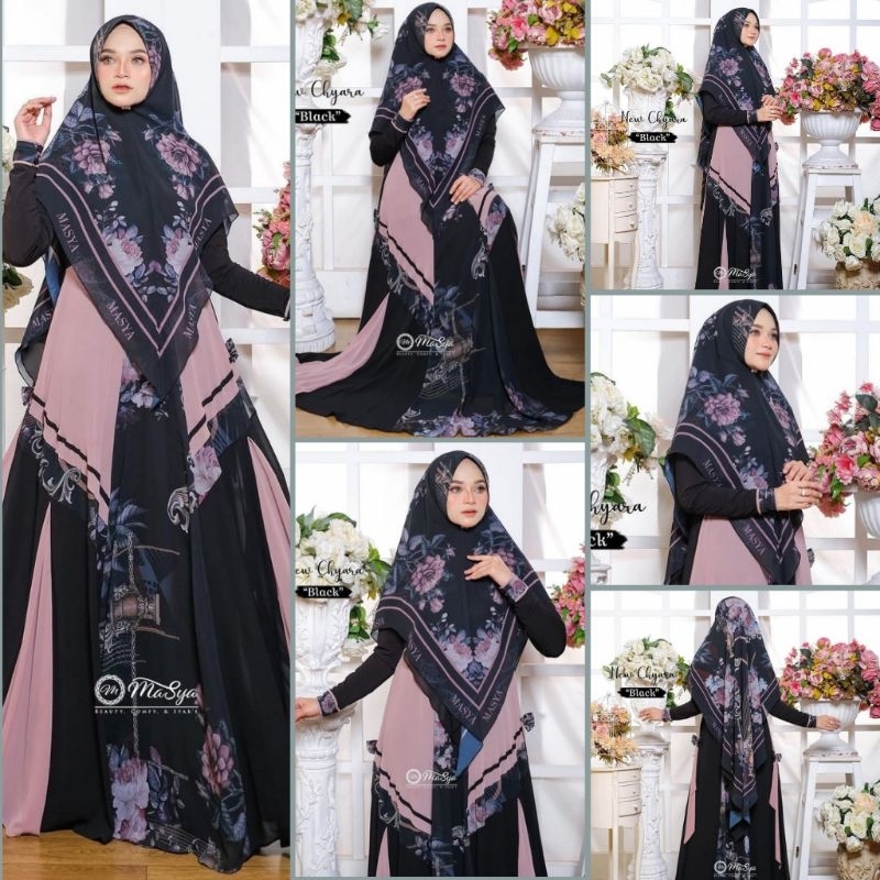 Set Gamis Dress Ceruty Babydoll Syari Branded Printing Hitam - Black - Cream Mewah Masya Syari Origi