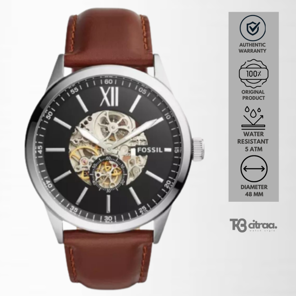 jam tangan fossil men automatic pria analog strap kulit brown flynn mechanical water resistant luxury watch casual mewah elegant original BQ2270