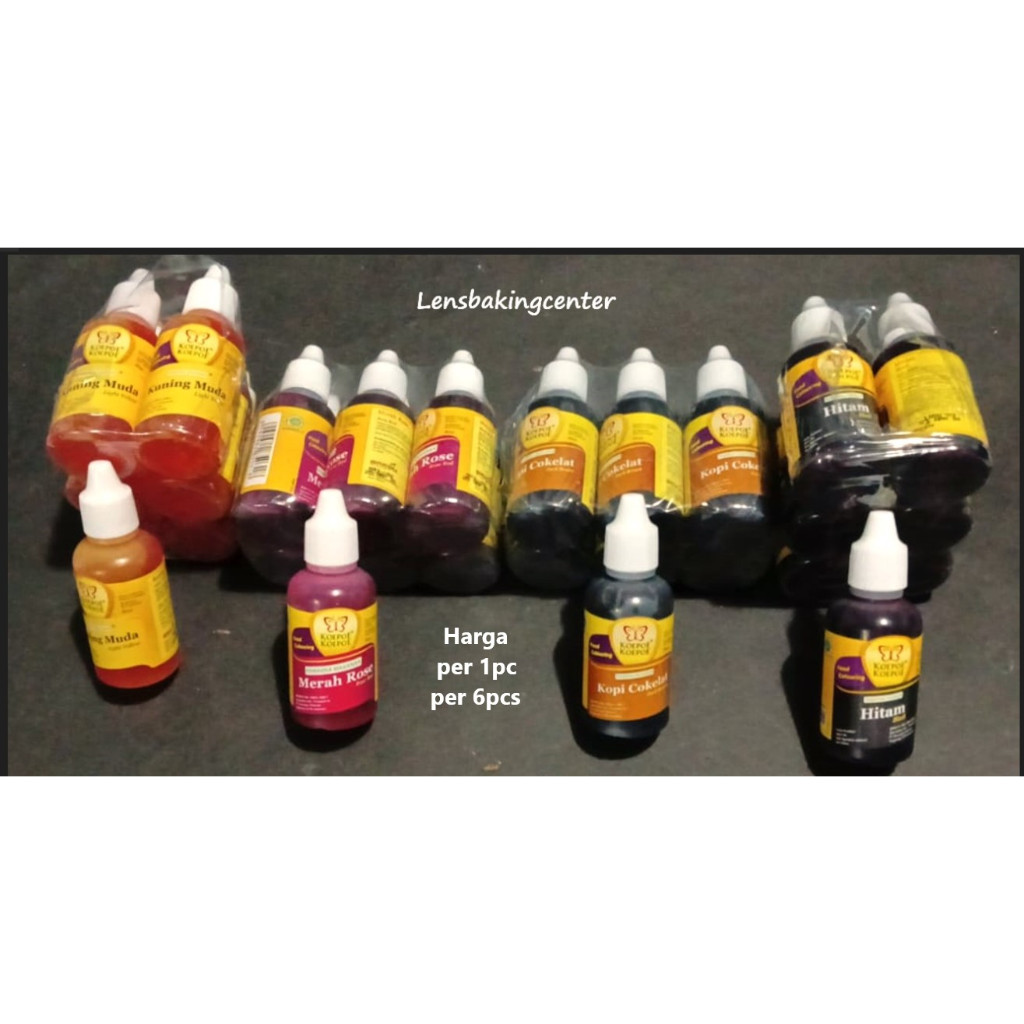 

Pewarna Makanan/Food Coloring Kupu Koepoe Hitam Merah Rose Kuning Muda Kopi Coklat 30ml / 30 ml