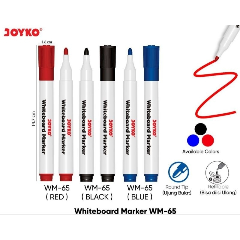 

WHITEBOARD MARKER JOYKO WM-65 HITAM PAPAN TULIS BISA DIHAPUS AMAN SPIDOL BLACK AWET ATK MURAH WM65 WM 65 ROUND TIP REFILLABLE