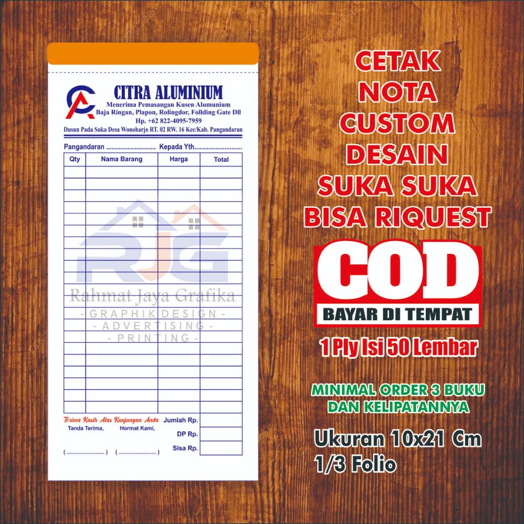 

Cetak Nota Custom Nama Sendiri 1ply Isi 50 Lembar Min. Order 3 Buku Free Desain Rahmat Jaya Grafika