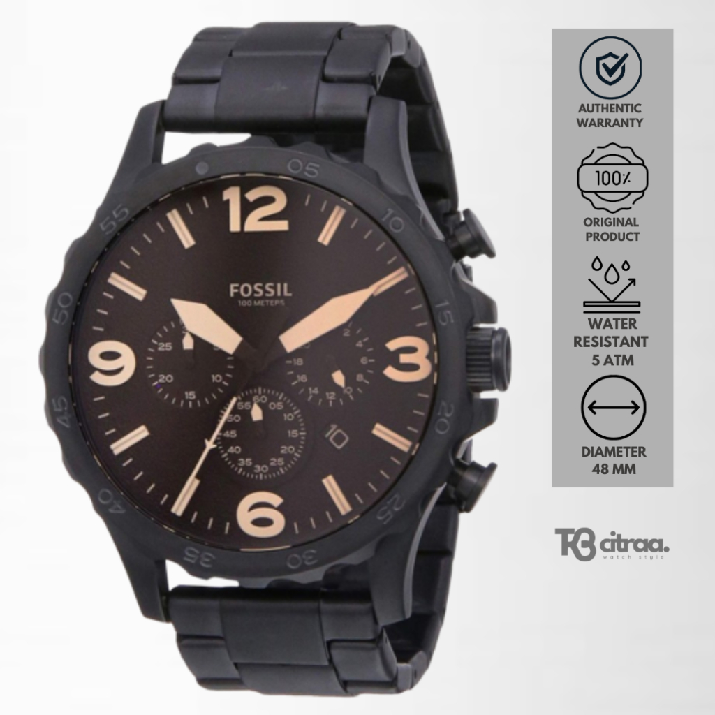 jam tangan fashion pria fossil men Nate analog strap rantai hitam cowok chronograph black stainless steel water resistant sporty original JR1356