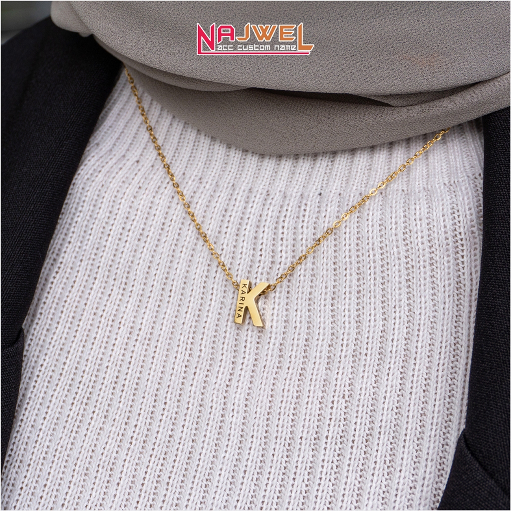 Kalung Huruf Ukir Nama Titanium Wanita Anti Karat Gold Rantai Nori Halus 45cm