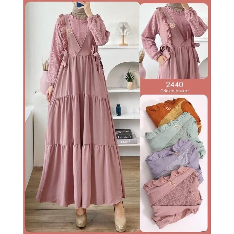 Gamis Polos kombinasi brukat malika | Gamis crinkle kombi brokat | korean style