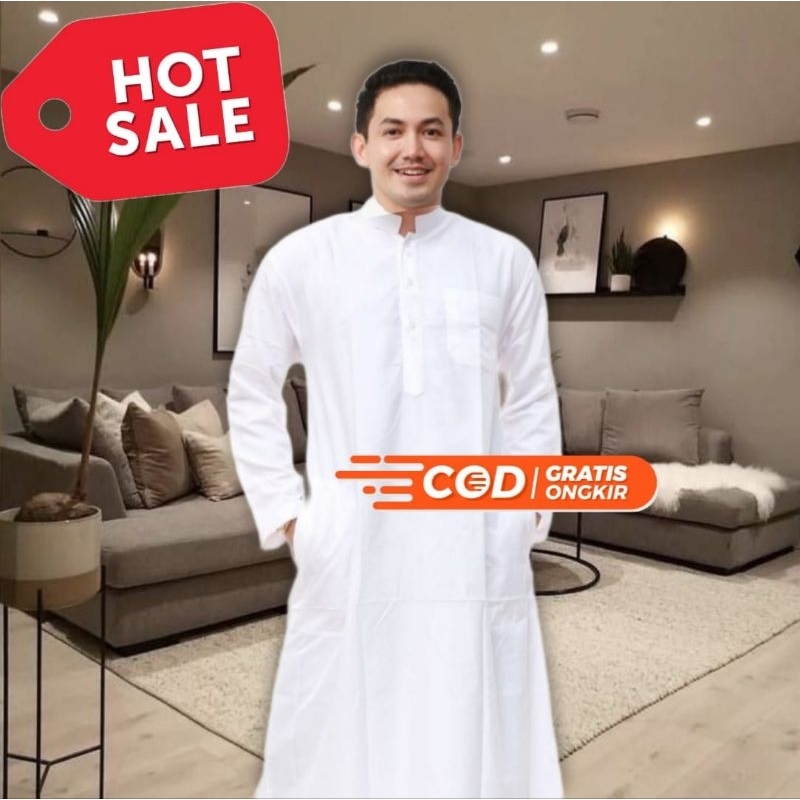 Jubah Pria AL-HARAMAIN Putih Polos  Katun Premium Leher Sanghai
