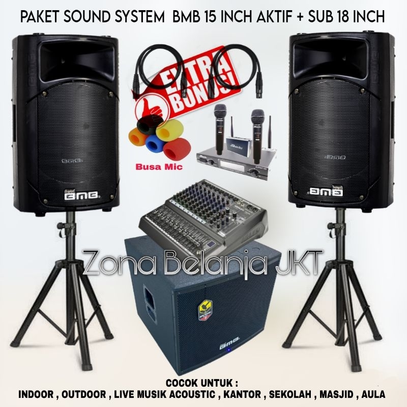 PAKET SOUND SYSTEM INDOOR OUTDOOR LIVE MUSIK KARAOKE SPEAKER BMB 15 INCH AKTIF + SUBWOOFER 18 INCH M