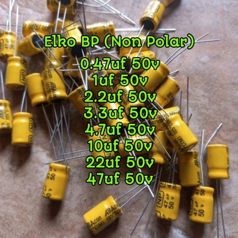 elko BP 0.47UF 1UF 2.2UF 3.3UF 4.7UF 10UF 22UF 33UF 47UF 50V elco non polar bipolar NP nonpolar 0,47