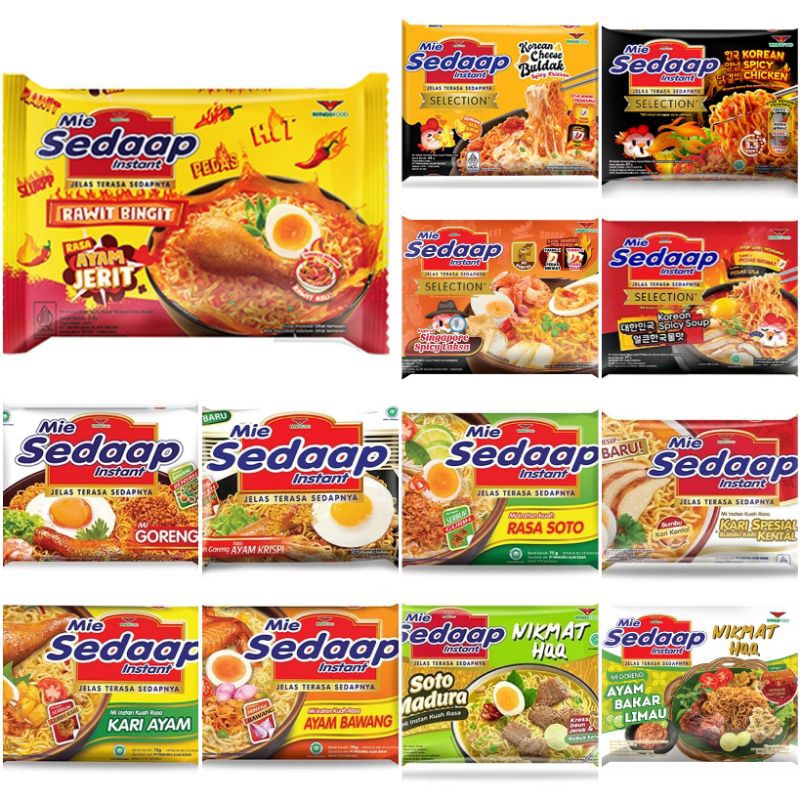 

Sedaap Mie Instant Aneka rasa baru korea keju buldak spicy soup goreng laksa soto Madura kari bakar limau rawit bingit ayam jerit