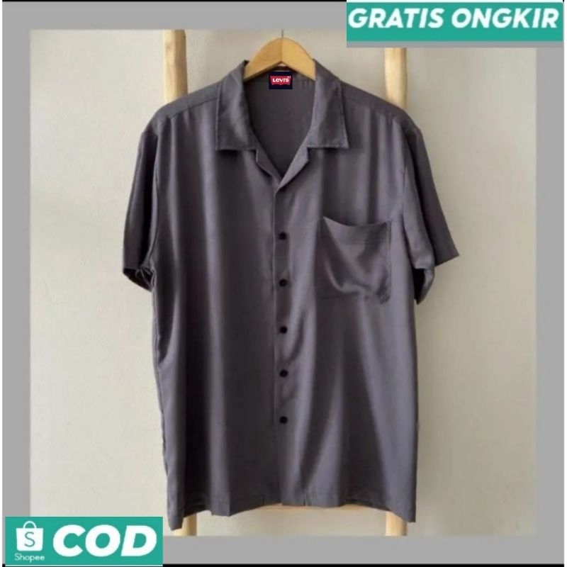 Basic Colour Shirt | Kemeja Polos V Neck Lengan Pendek Kasual Pria Warna Army Sage Hitam Putih | Kem