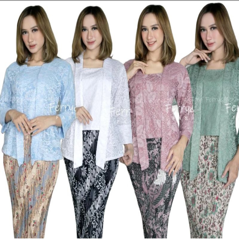 Set Kebaya Kutubaru Brokat Premium lengan 7/8 MIX Rok lilit Batik Panjang ~ Atasan Kutu Baru Baju Ko