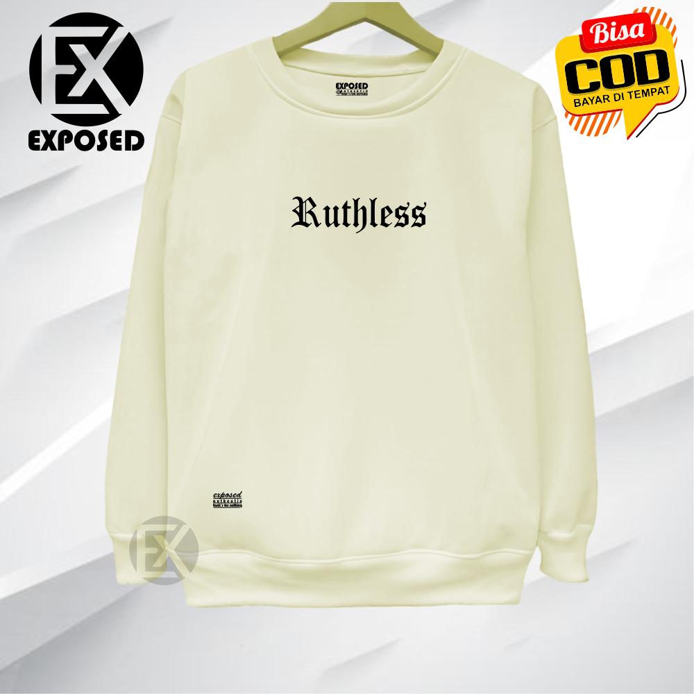 Switer Oblong Pria List RUTHLESS Sweater Crewneck Cowo Cewe Cream Motif Simple Krunek Unisex Distro 