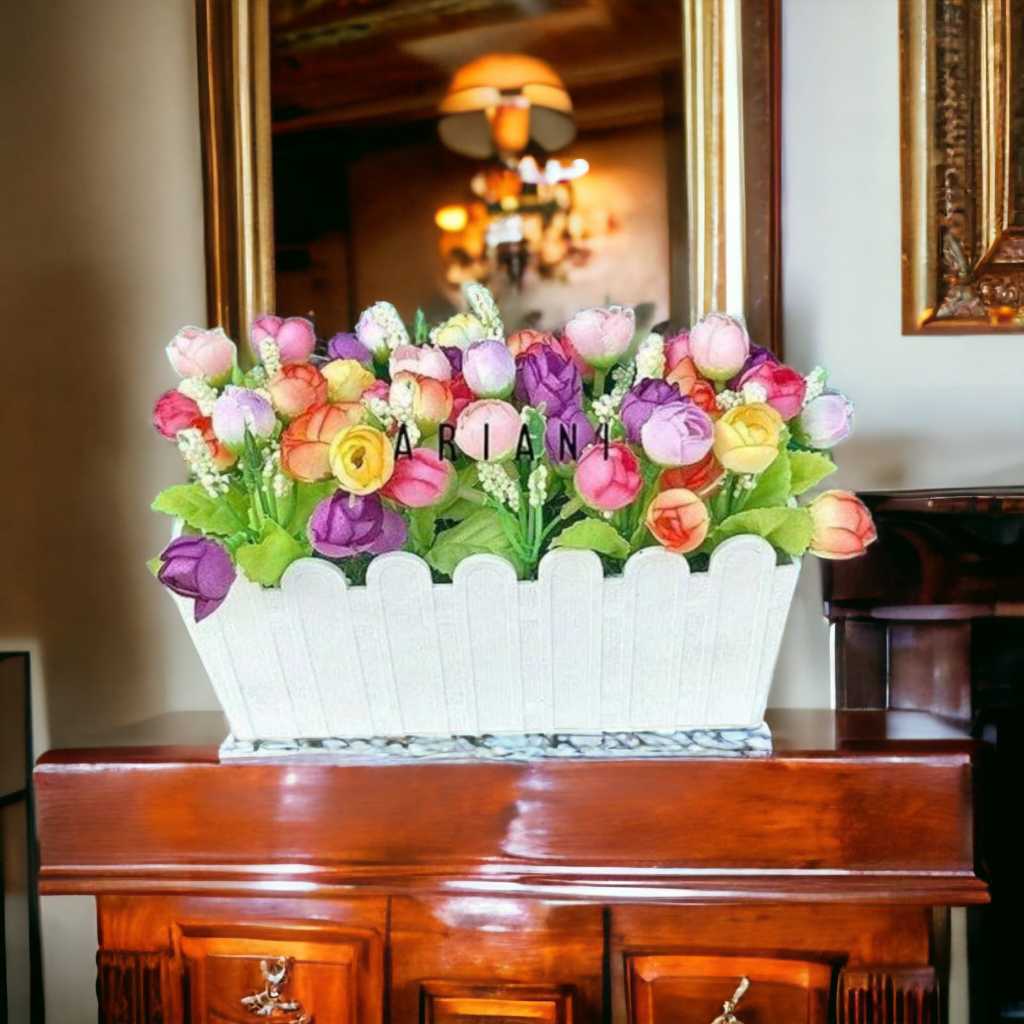 SET BUNGA PLASTIK KELERENG MINI MIX DENGAN POT PAGAR BESAR