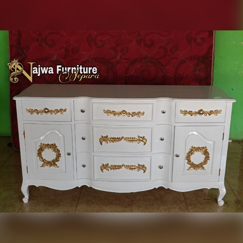 MEJA HIAS UKIR MEWAH MEJA PAJANGAN (bufet tv ukiran jati cat duco putih)
