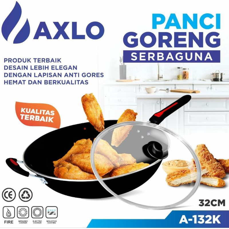 Wajan Panci Goreng Serbaguna Enamel 32cm + Tutup Kaca merk Axlo / Happy Fun