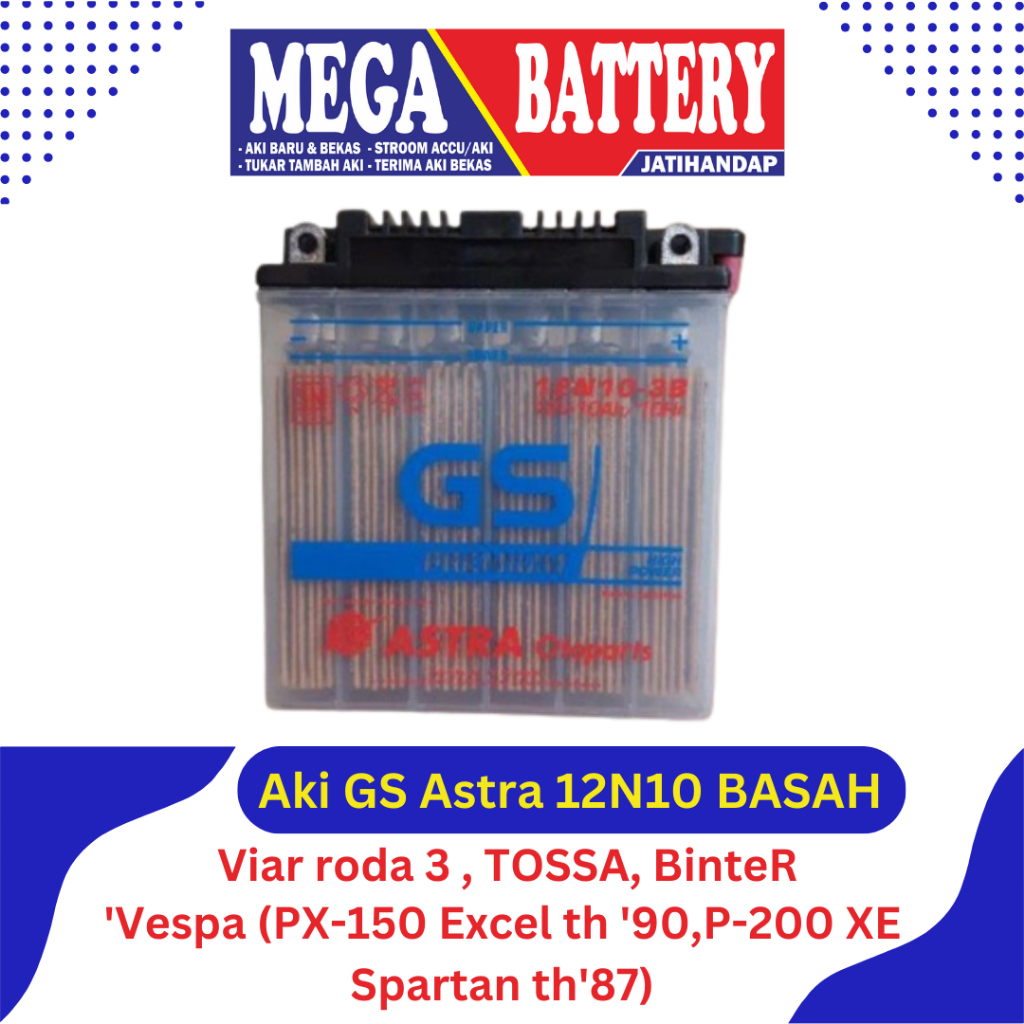 Aki GS Astra Basah 12N10 / aki motor thunder / aki motor roda 3 / aki motor Tossa / aki motor Vesva / aki motor Viar