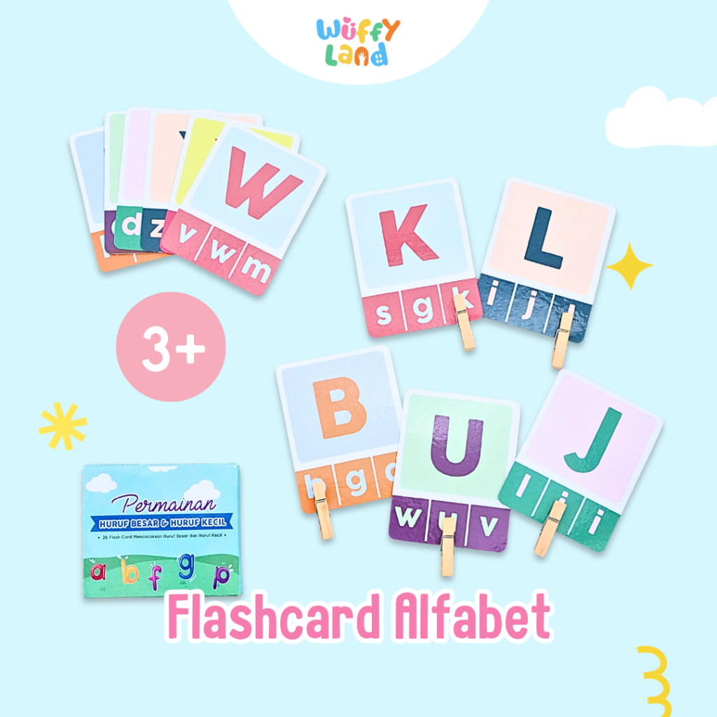 Wuffyland Flashcard Alfabet - Belajar Huruf Besar dan Huruf Kecil Wipe and Clean - Kartu Membaca
