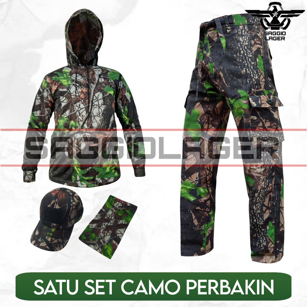 SATU SET SETELAN BAJU KAOS HOODIE CELANA TOPI KAMUFLASE CAMO PERBAKIN HUNTING BERBURU