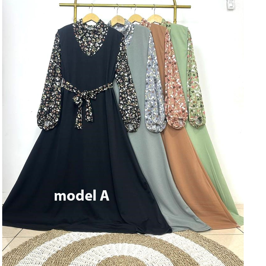 Gamis mayung jumbo V neck + inner kemeja motif bunga tali pinggang bahan voxy premium merk hf (211in