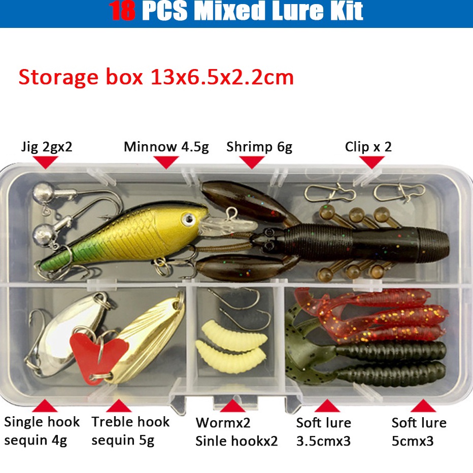 Paling Dicari.. LUC 18 pcs Set Umpan Serbaguna Lembut Kit Plastik Alat Pancing Berpayet Keras Alat P