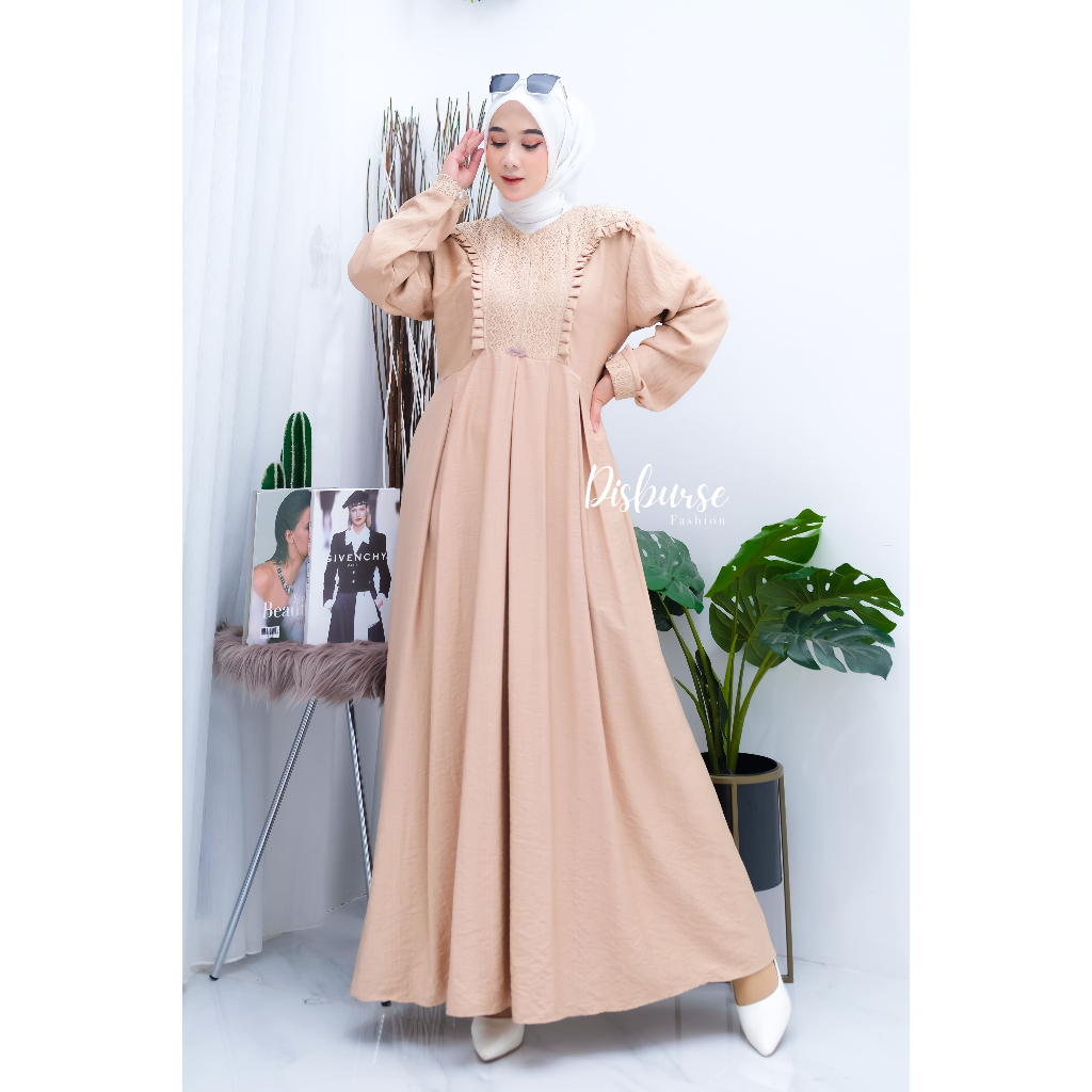 Gamis Polo Linen Mix Brukat Rempel Dada