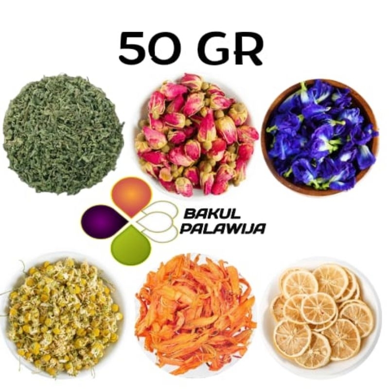 

50gr LAVENDER SAFFLOWER CHAMOMILE MIMOSA JATI CINA GLOBE AMARANTH OSMANTHUS PEPPERMINT LILY FORGET ME NOT ROSELA TELANG JASMINE ROSEBUD STEVIA WHITE TEA PEONY PEACH APPLE BLOSSOM TEH KEMASAN SACHET FLOWER TEA TISANE BUTTERFLY PEA GOJIBERRY LEMON PANDAN